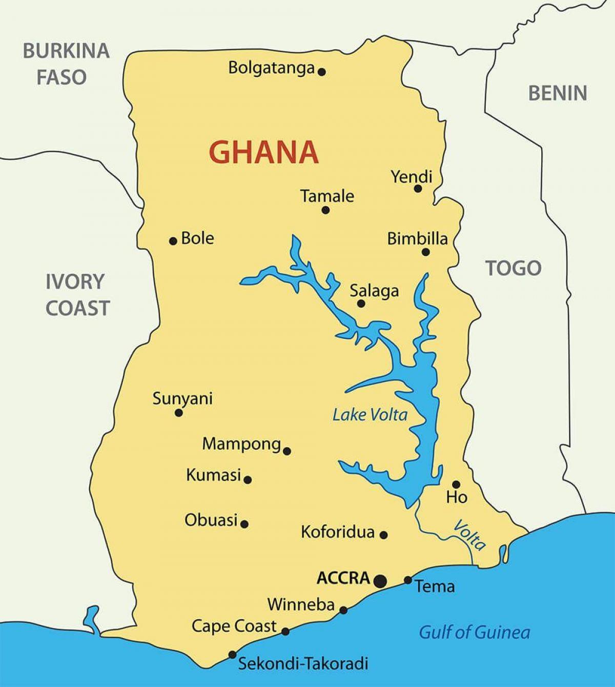 घाना के नक्शे के साथ शहरों