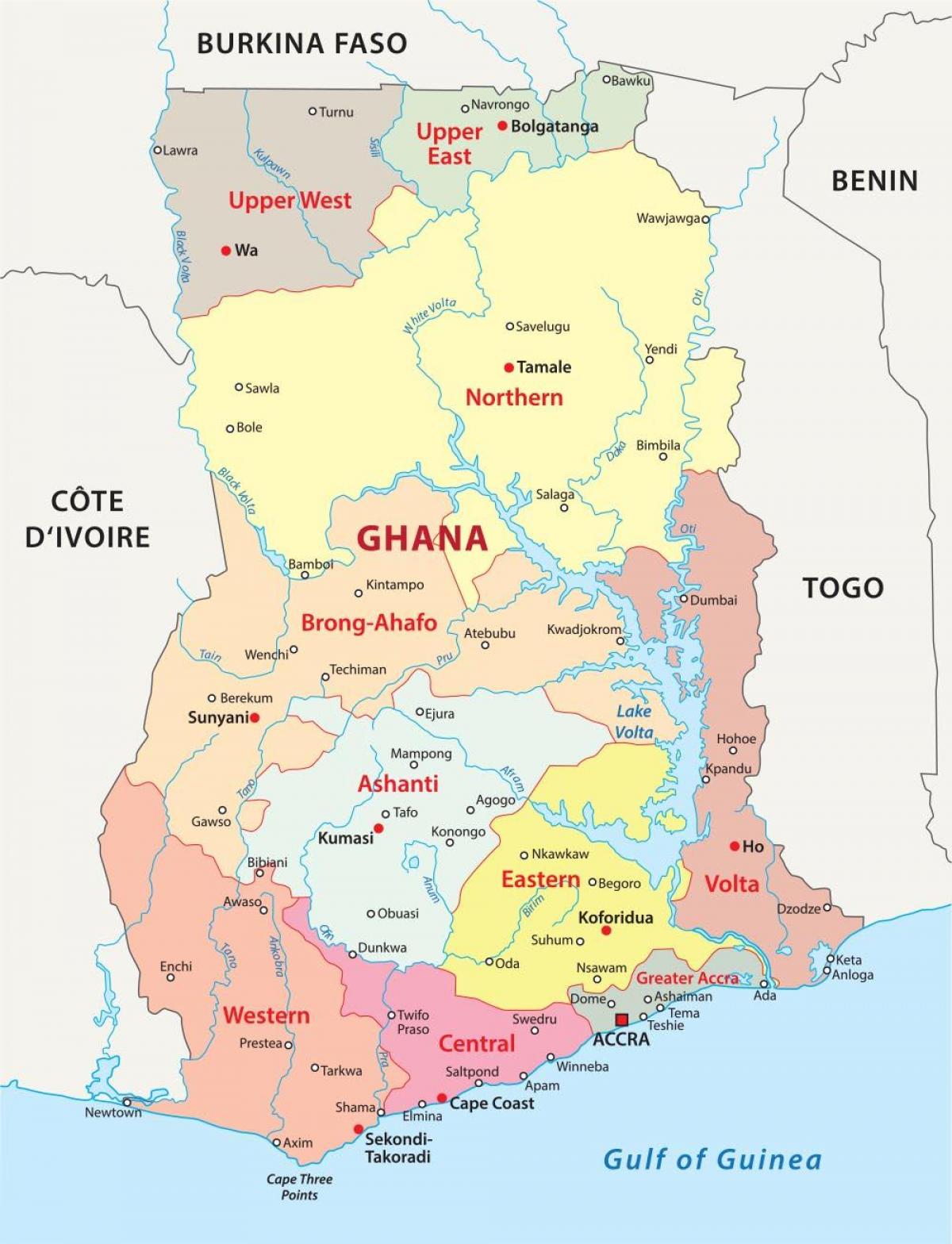 नक्शे के घाना दिखा जिलों