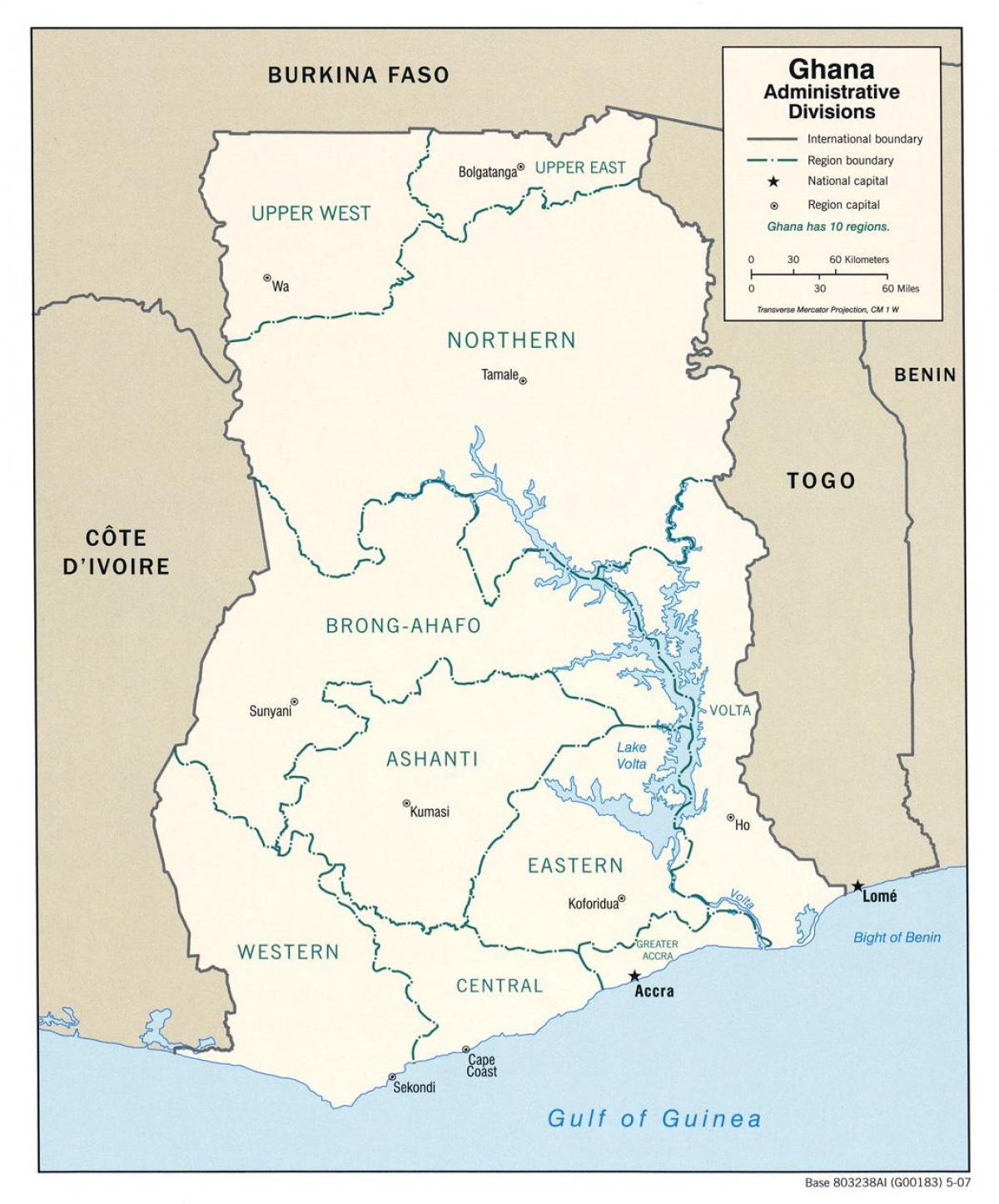 घाना के साथ नक्शा क्षेत्रों और जिलों