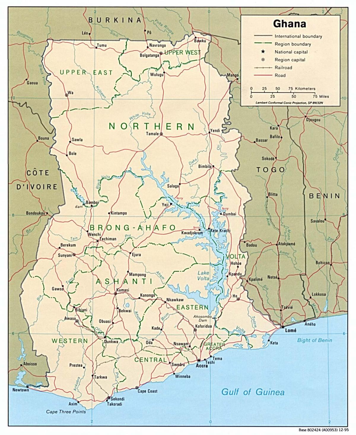 घाना के नक्शे के साथ शहरों और कस्बों